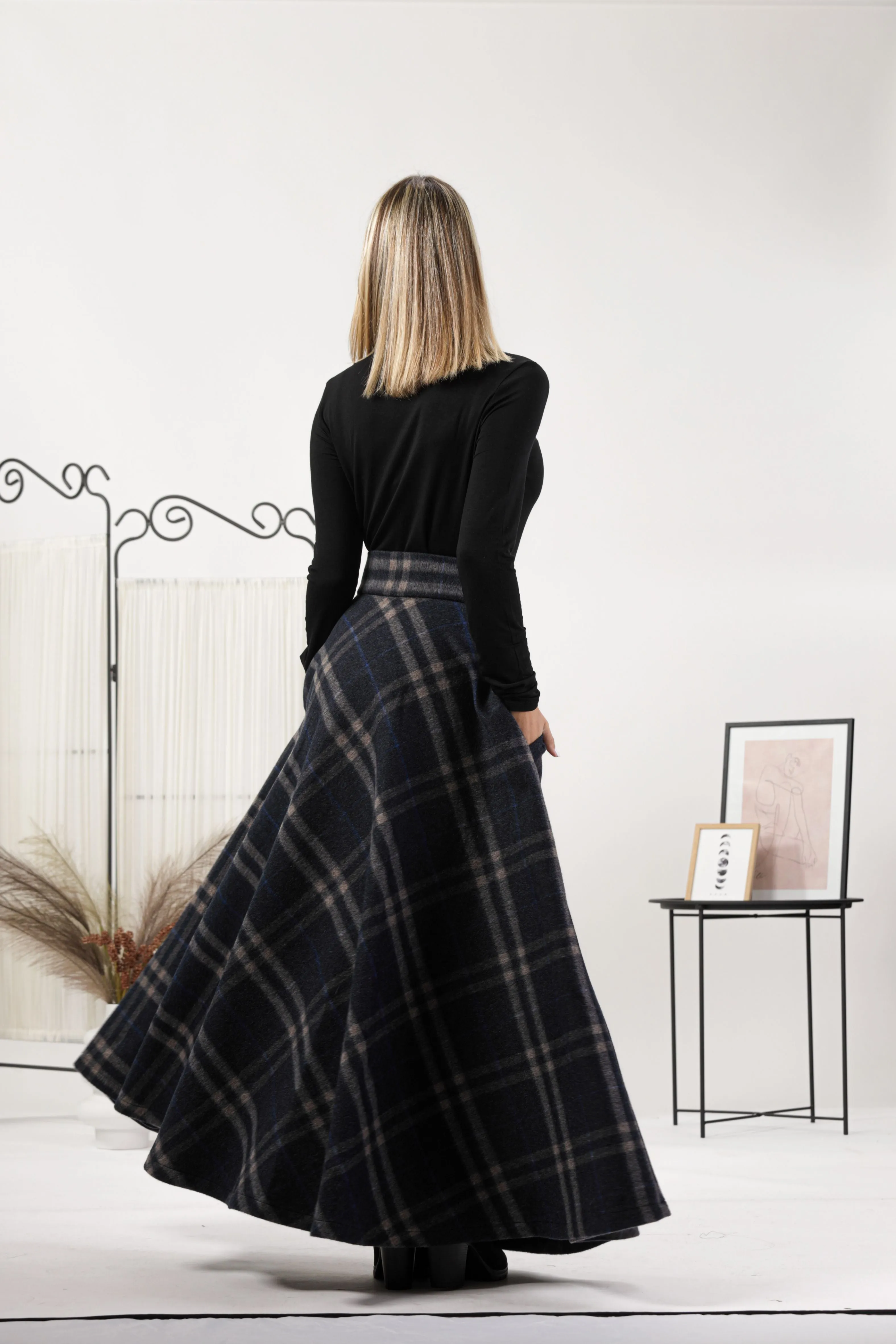 Brown Plaid High Waisted Wool Maxi Skirt