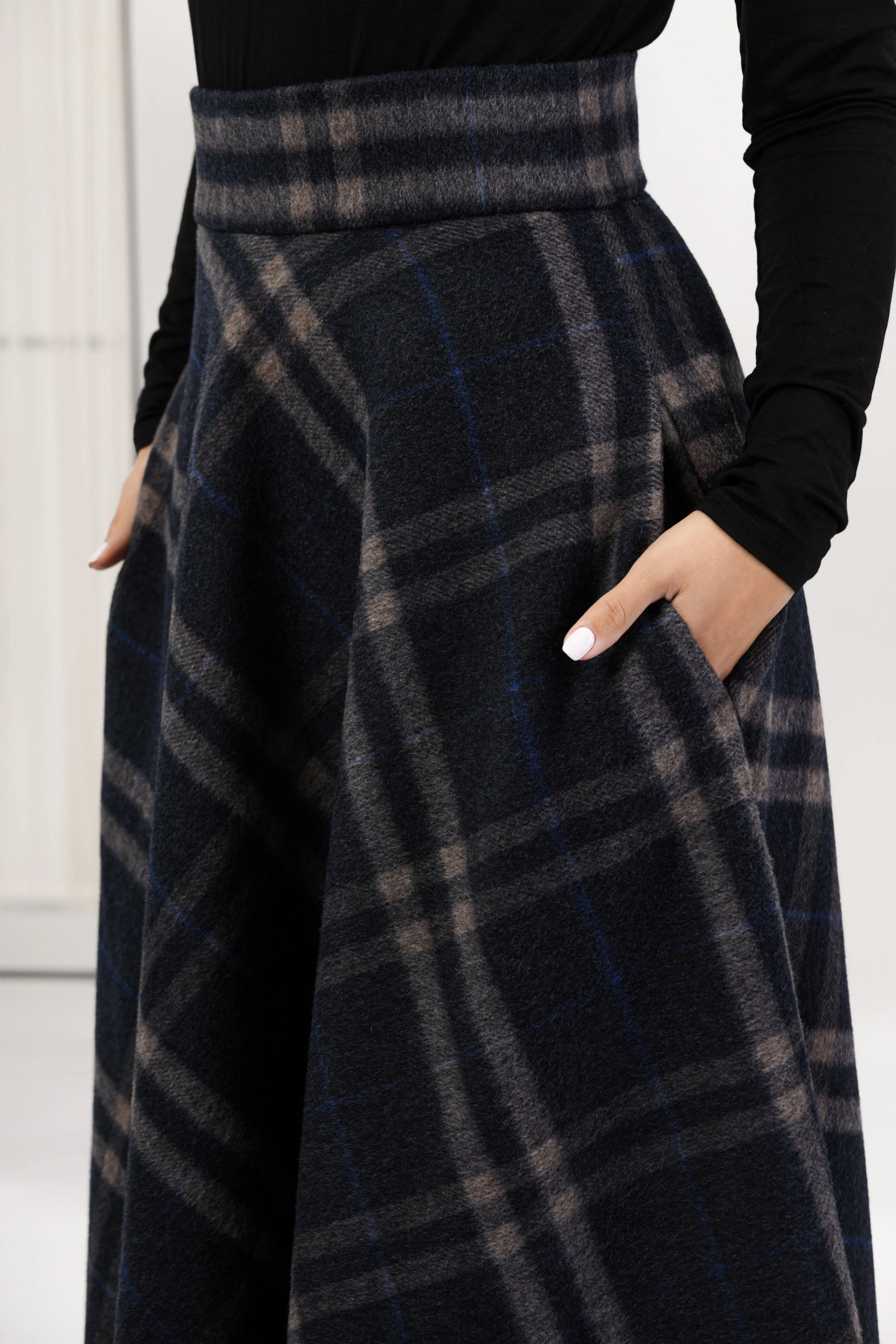 Brown Plaid High Waisted Wool Maxi Skirt