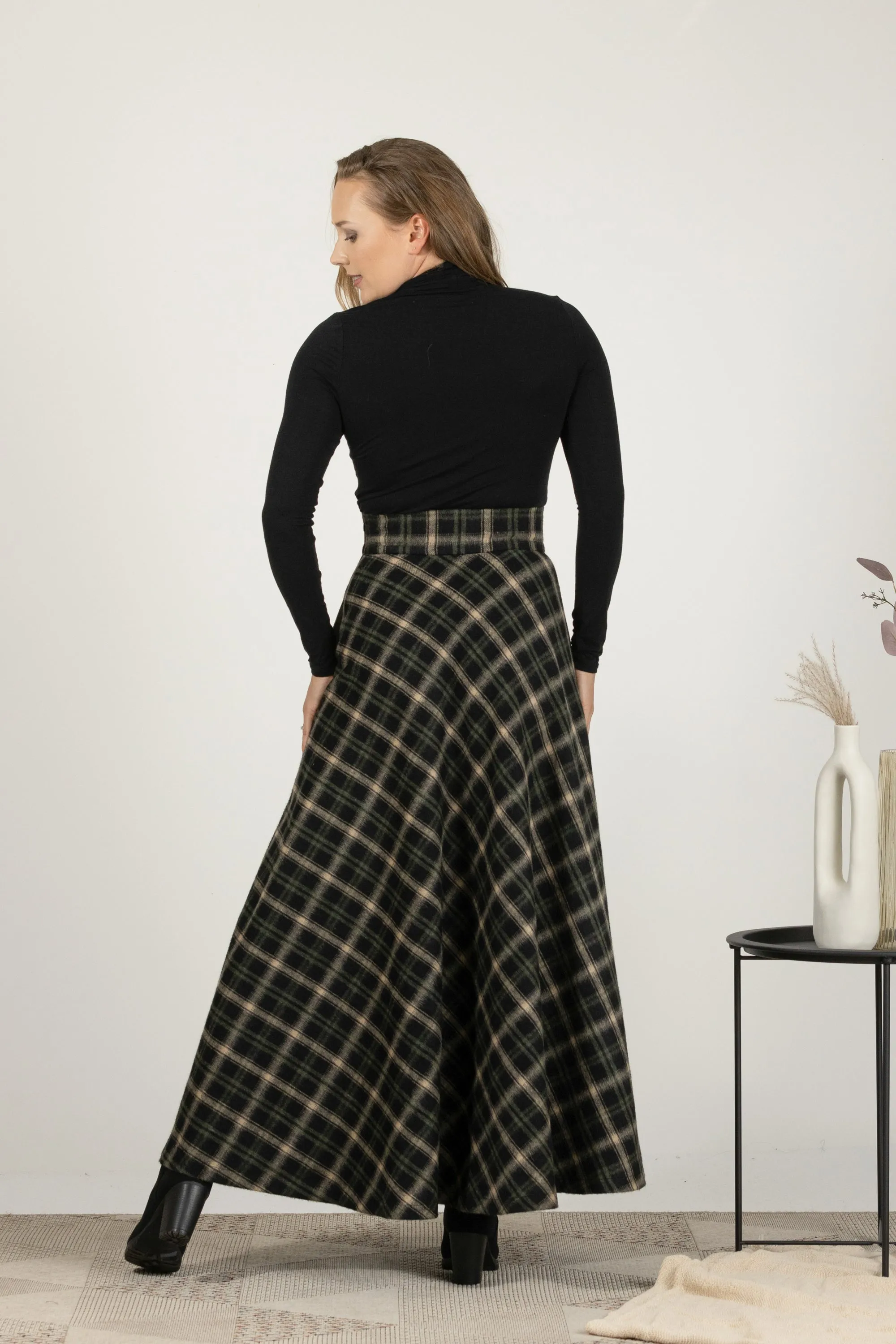 Brown Plaid High Waisted Wool Maxi Skirt