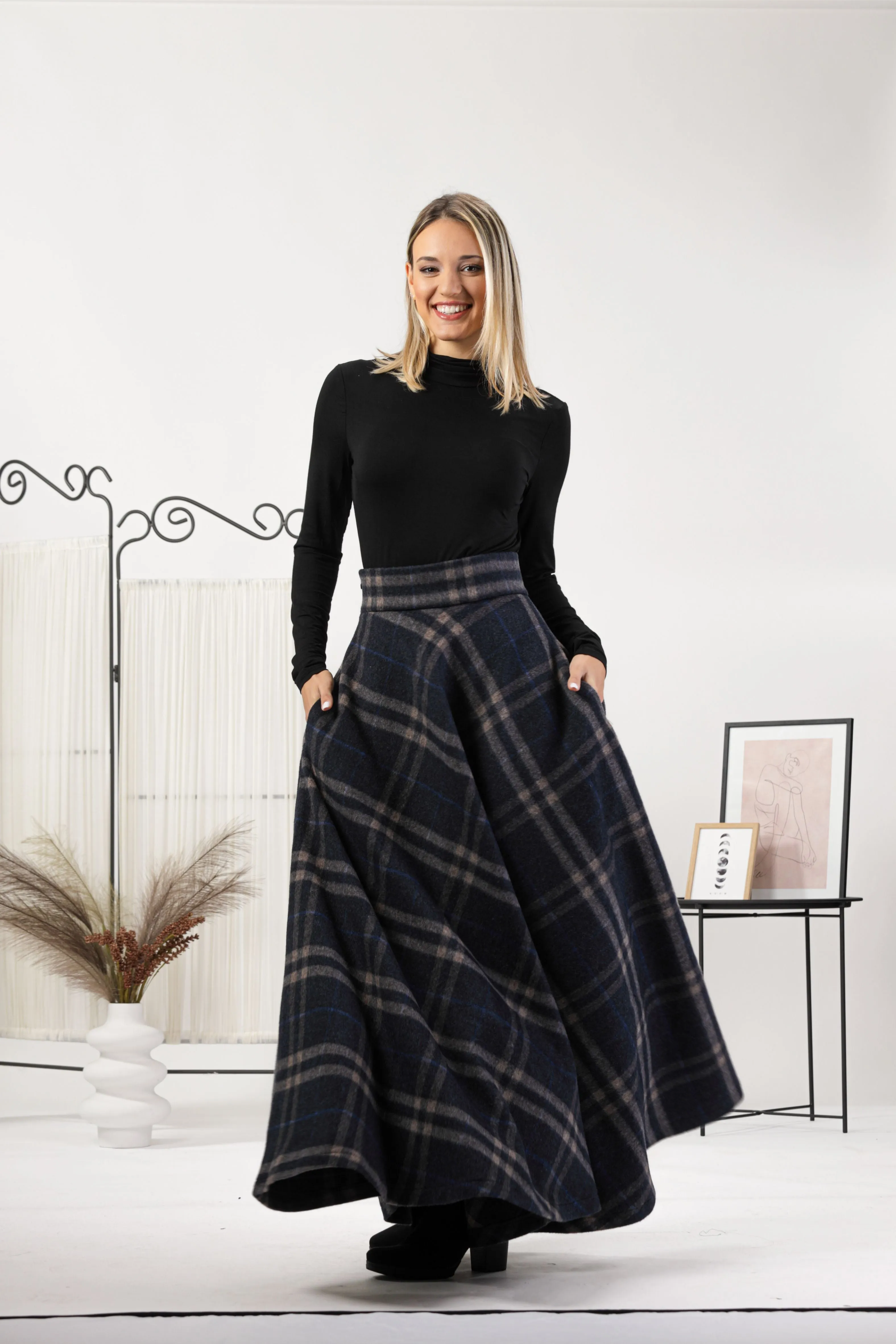 Brown Plaid High Waisted Wool Maxi Skirt