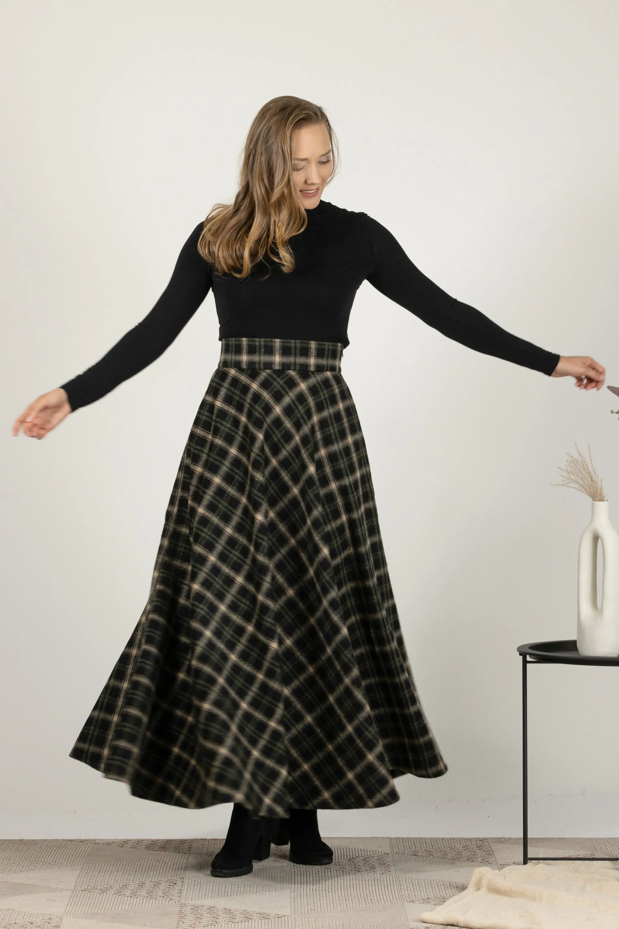 Brown Plaid High Waisted Wool Maxi Skirt