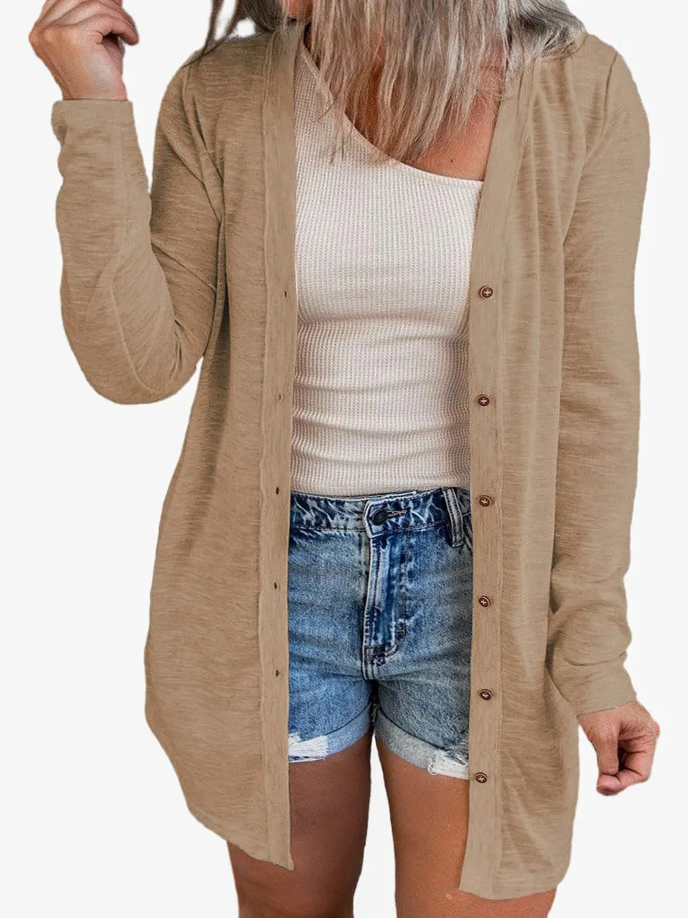 Brown Plus Size Button-Up Longline Cardigan