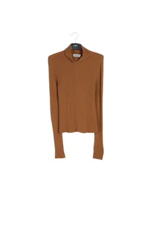 Camel merino wool ribbed turtleneck sweater