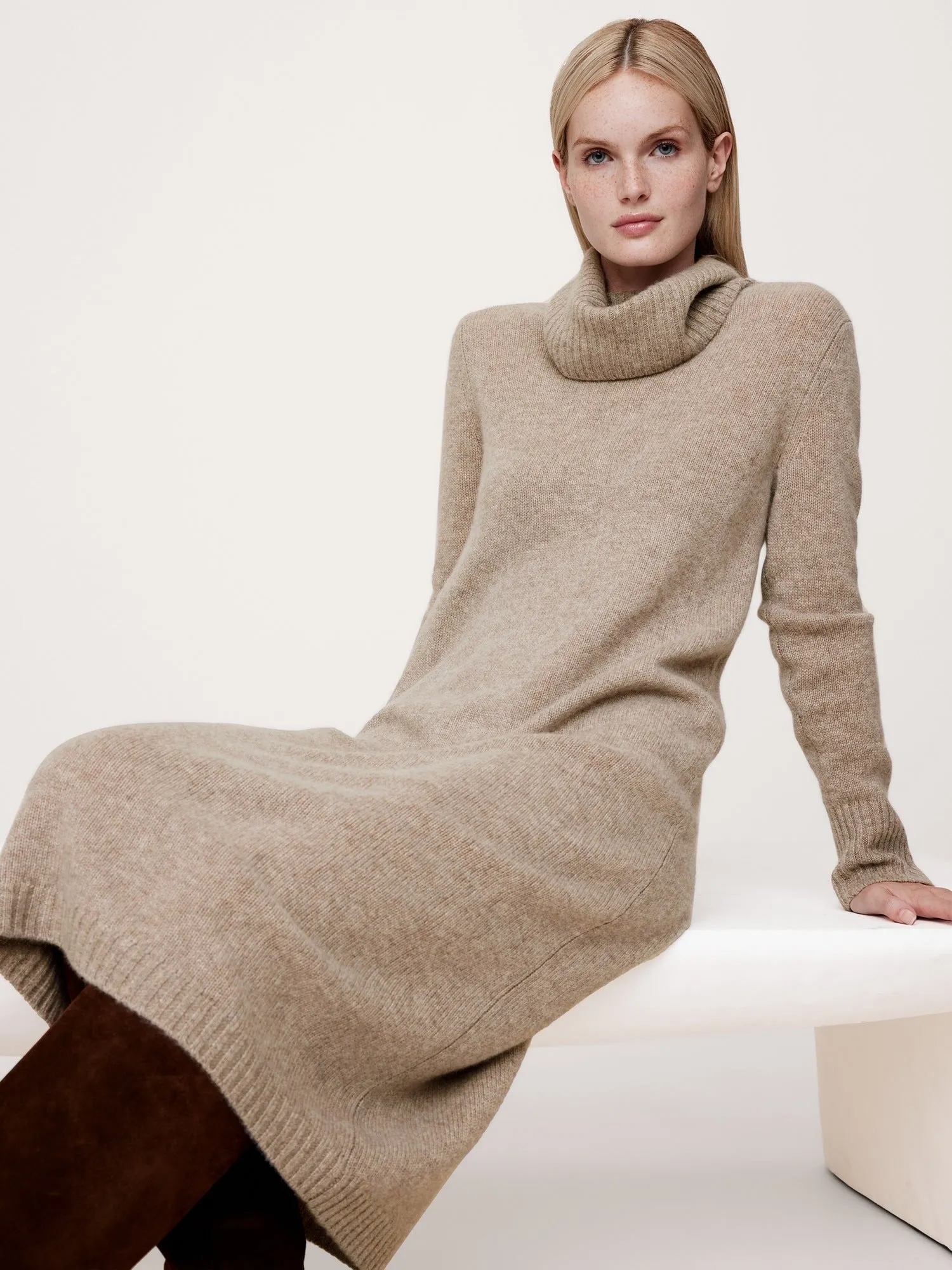 Cashmere Turtleneck Midi Sweater Dress