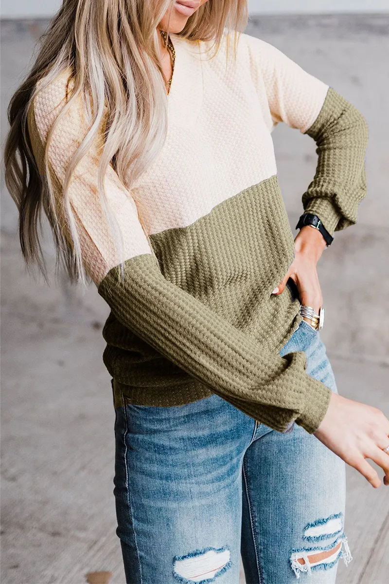 Casual Patchwork Contrast V Neck Tops