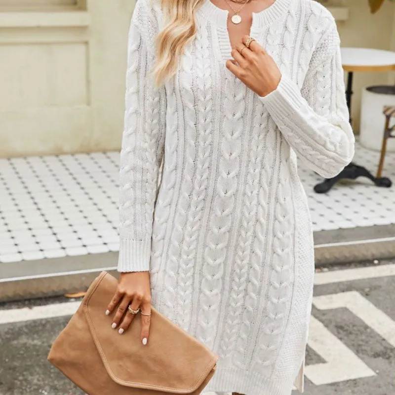 Casual V Neck Long Sleeve Side Split Winter Cable Knit Sweater Mini Dress