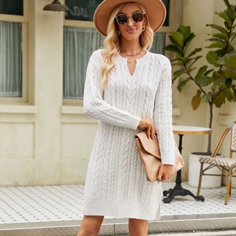 Casual V Neck Long Sleeve Side Split Winter Cable Knit Sweater Mini Dress