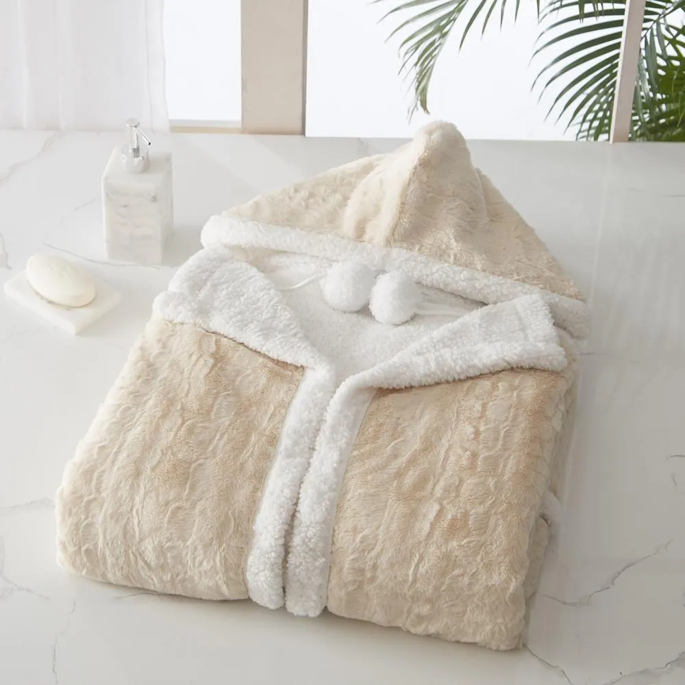 Chic Home Lansing Snuggle Hoodie Animal Pattern Robe Cozy Super Soft Ultra Plush Micromink Coral Fleece Sherpa Lined Wearable Blanket with 2 Pockets Hood Drawstring Closure - 51x71", Beige