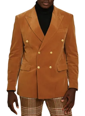 Cognac Inserch Men's Double Breasted Velvet Blazer Gold Buttons