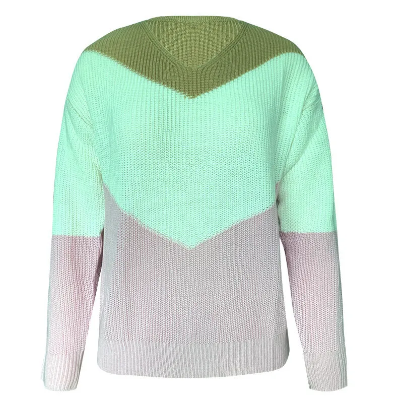 Colorblock V Neck Pullover Knitted Sweater