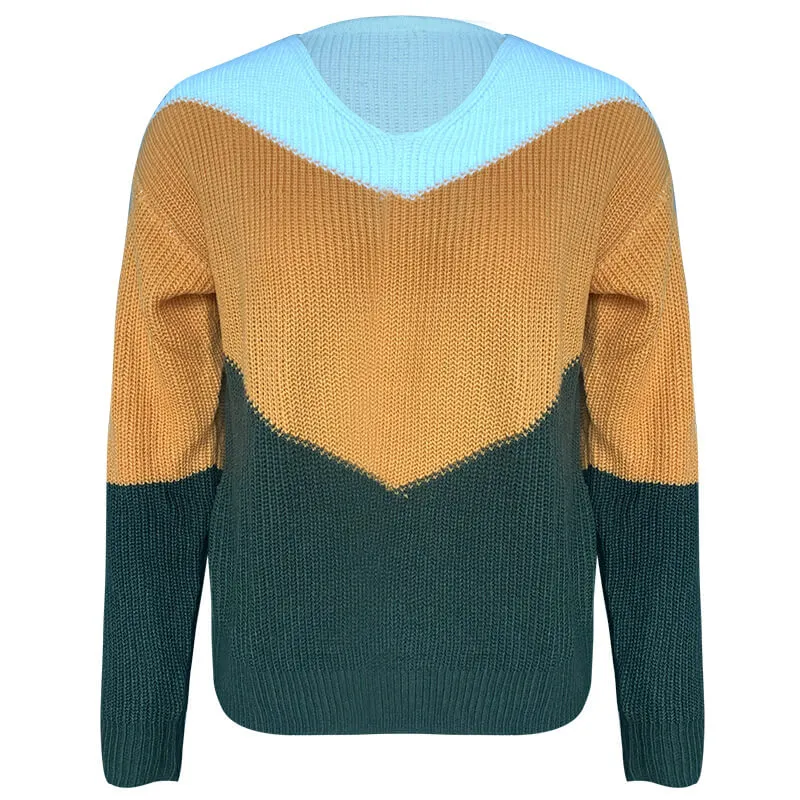 Colorblock V Neck Pullover Knitted Sweater