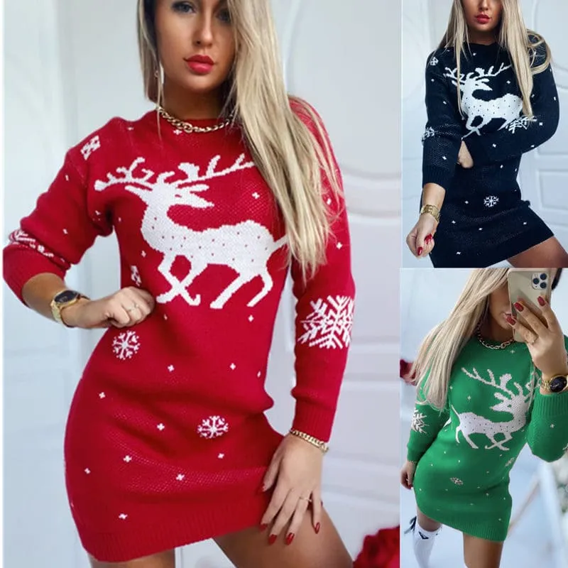 Cozy Christmas Elk Jacquard Knitted Sweater Dress for the Holidays