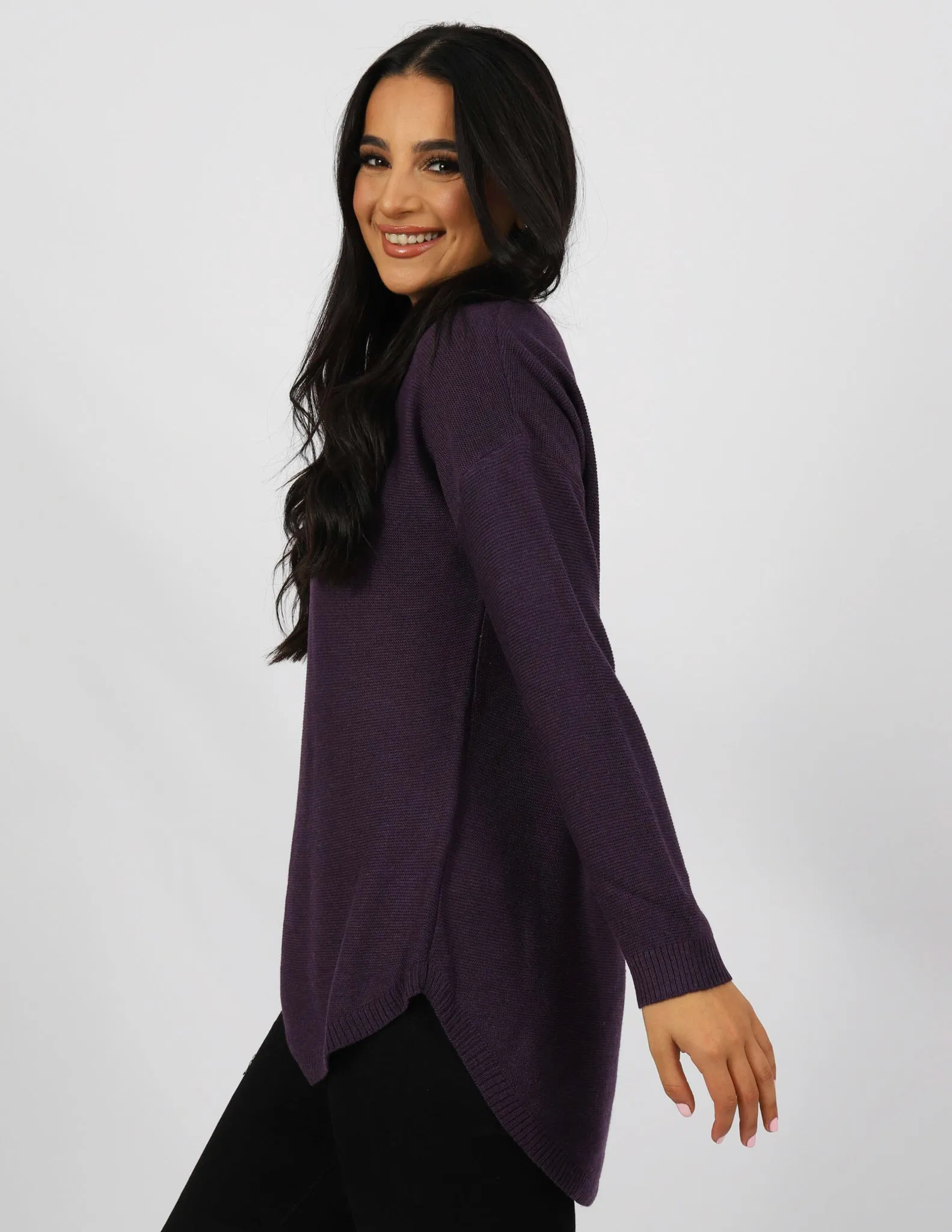 Curved Hem Pullover Knit Top - Dark Shades