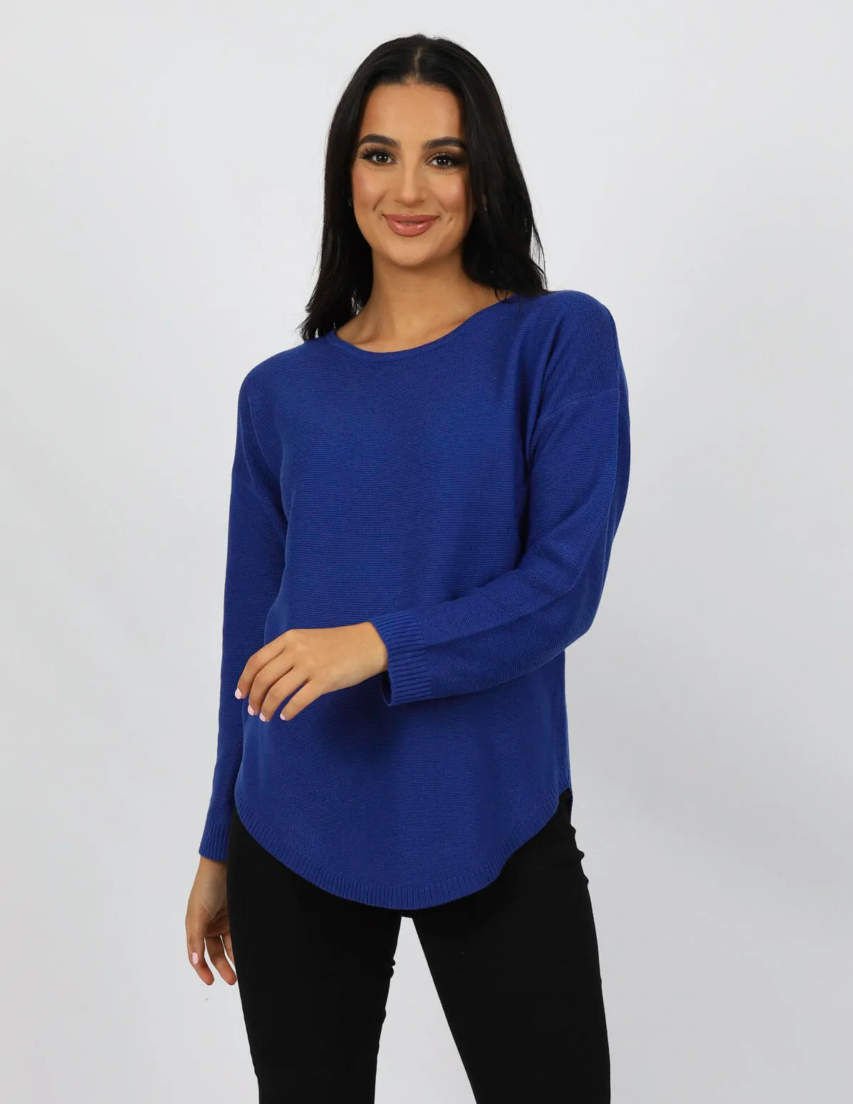 Curved Hem Pullover Knit Top - Dark Shades