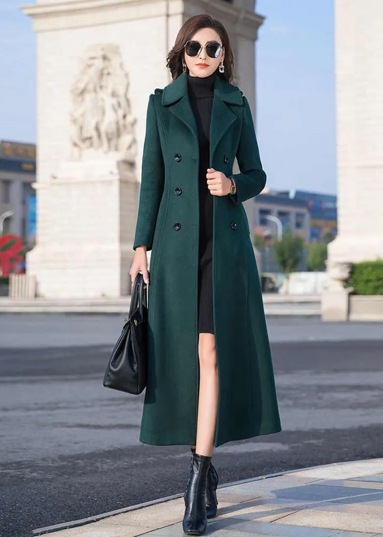 Dark Green Double Breasted Wool Blend Long Coat