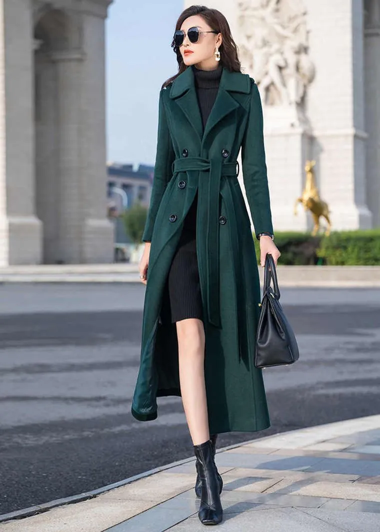 Dark Green Double Breasted Wool Blend Long Coat