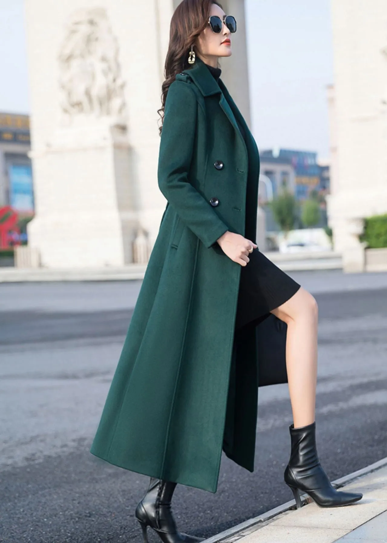 Dark Green Double Breasted Wool Blend Long Coat