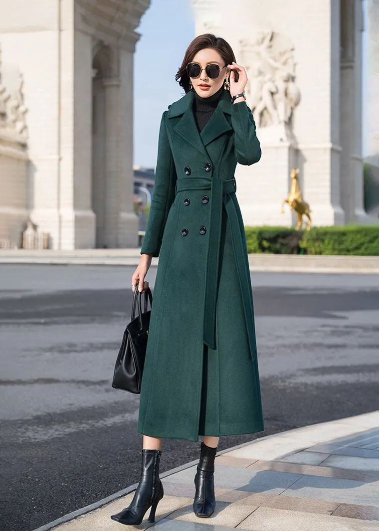 Dark Green Double Breasted Wool Blend Long Coat