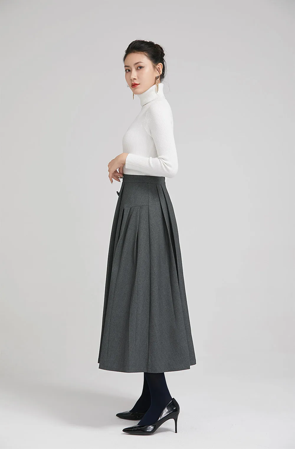 dark grey elegant wool pleated skirt  with button 2246