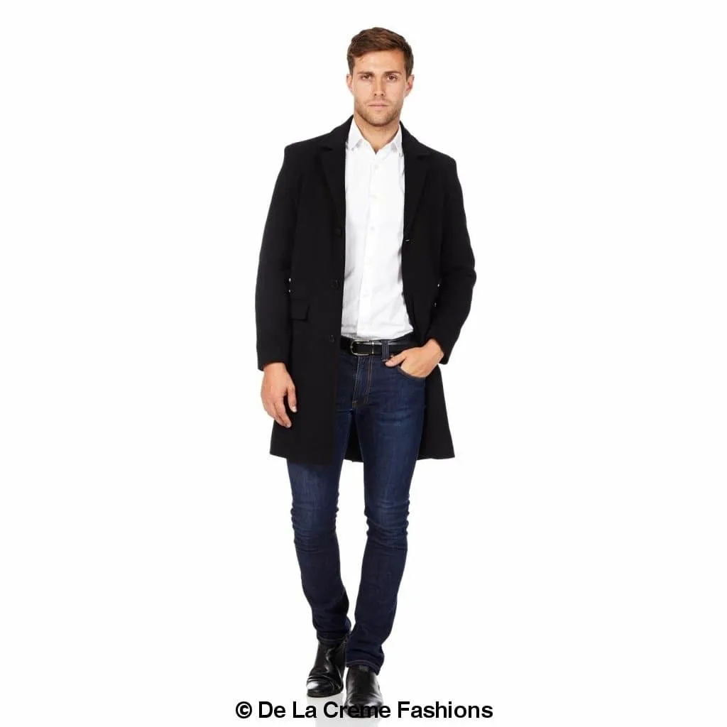 De La Creme MAN - Men's Classic Wool Blend Overcoat in Black & Camel