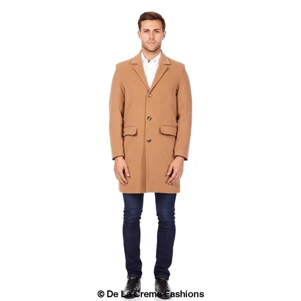 De La Creme MAN - Men's Classic Wool Blend Overcoat in Black & Camel