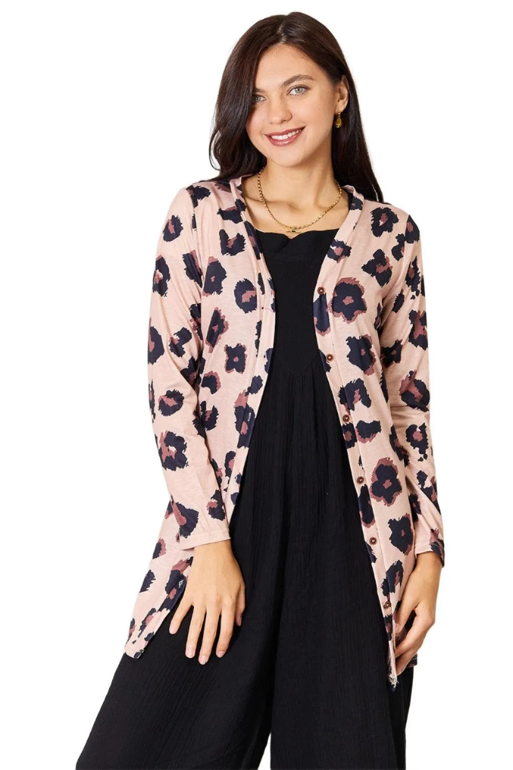 Double Take Printed Button Front Longline Cardigan