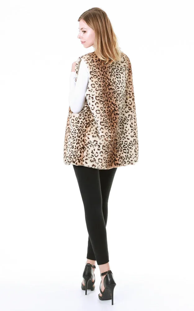 EAV9163 Brown Leopard Print Faux Fur Pocket Vest