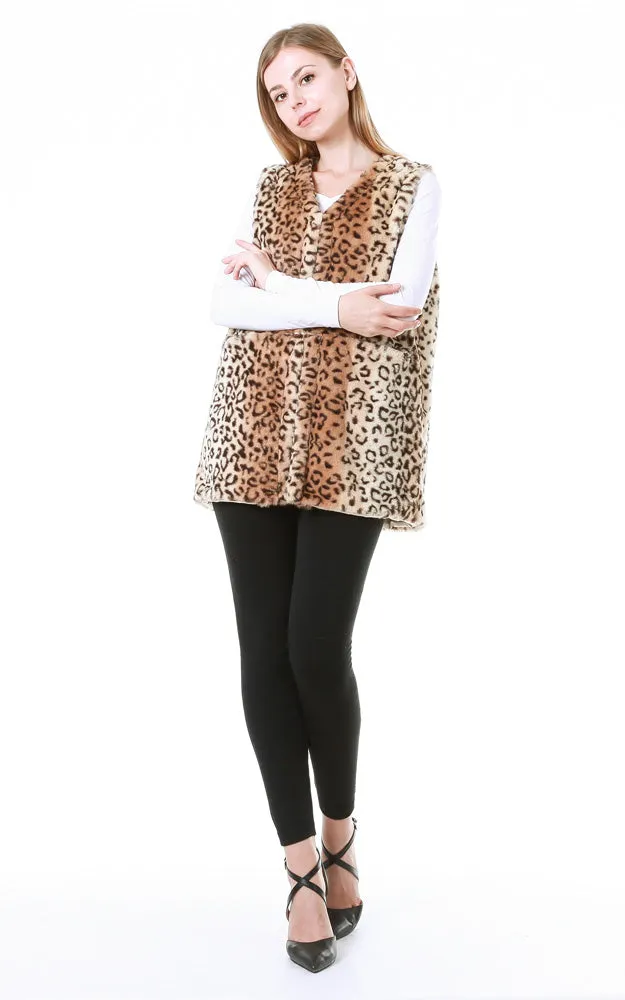 EAV9163 Brown Leopard Print Faux Fur Pocket Vest