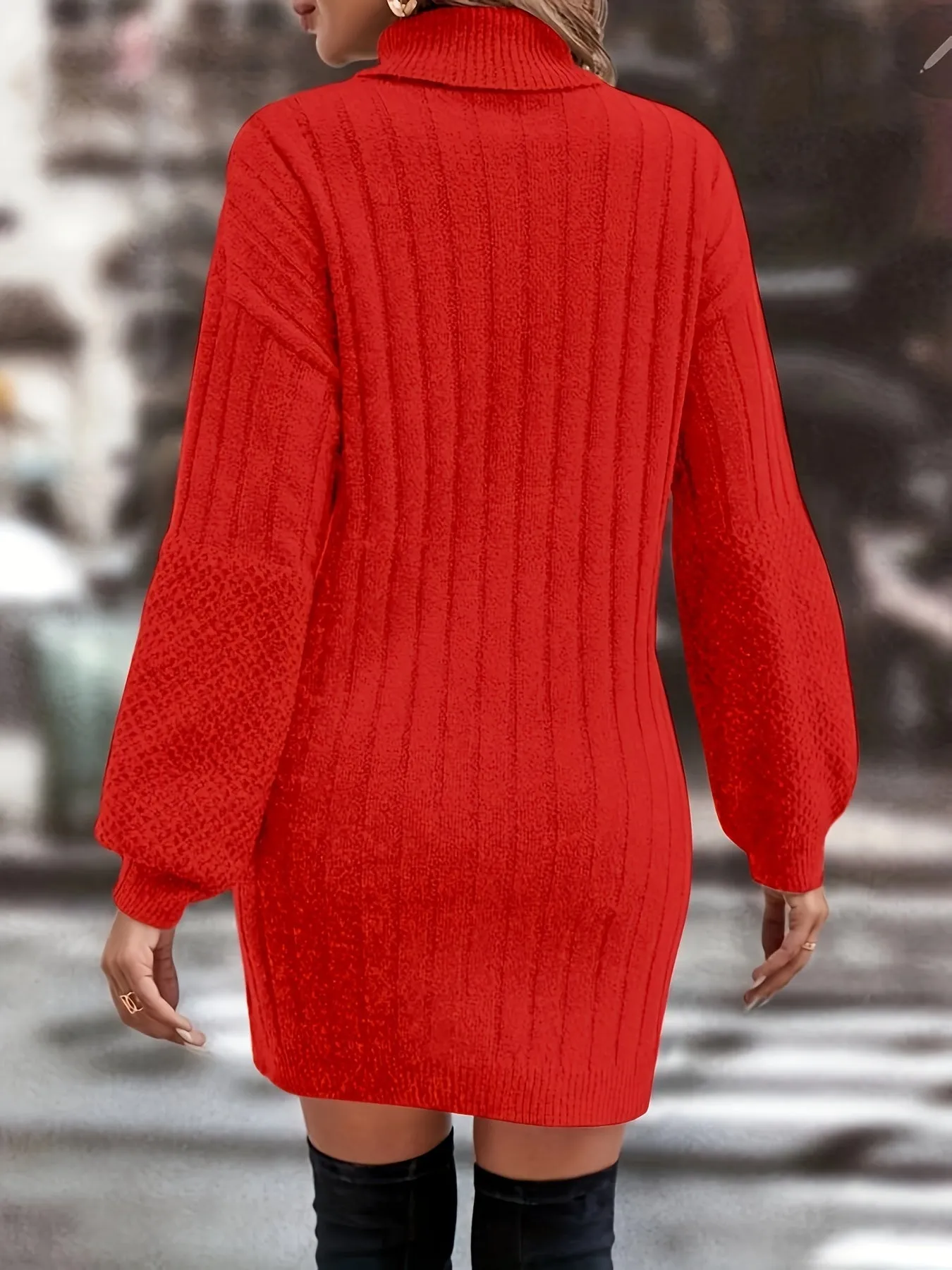 Elegant Lantern Sleeve Knitted Dress ,Solid Color Turtleneck Dress, Women's Clothing