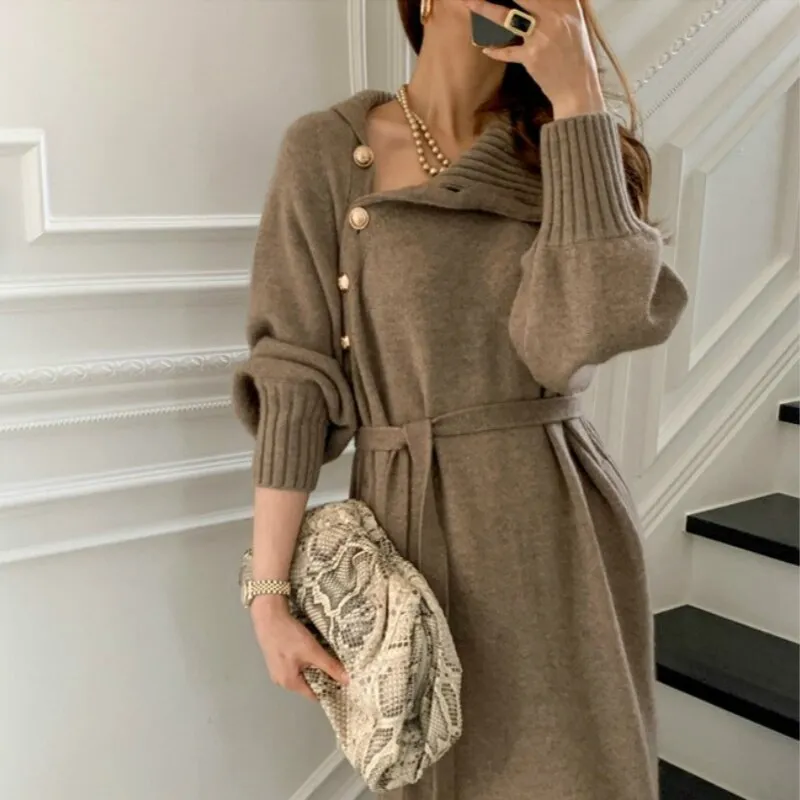 Elegant Turtleneck Sweater Dress with Lantern Sleeves