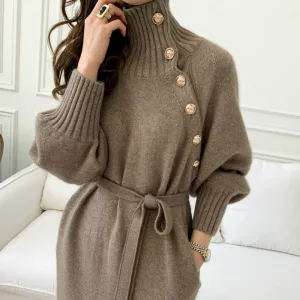 Elegant Turtleneck Sweater Dress with Lantern Sleeves