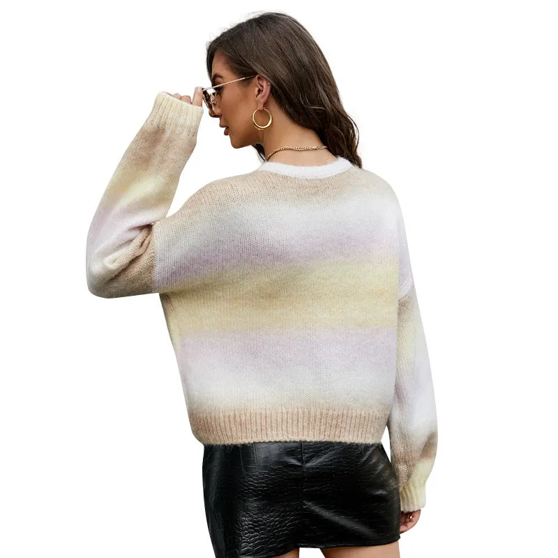 Fashion Gradient Color Knitted Pullover Top Sweater Trendy Wholesale Clothing