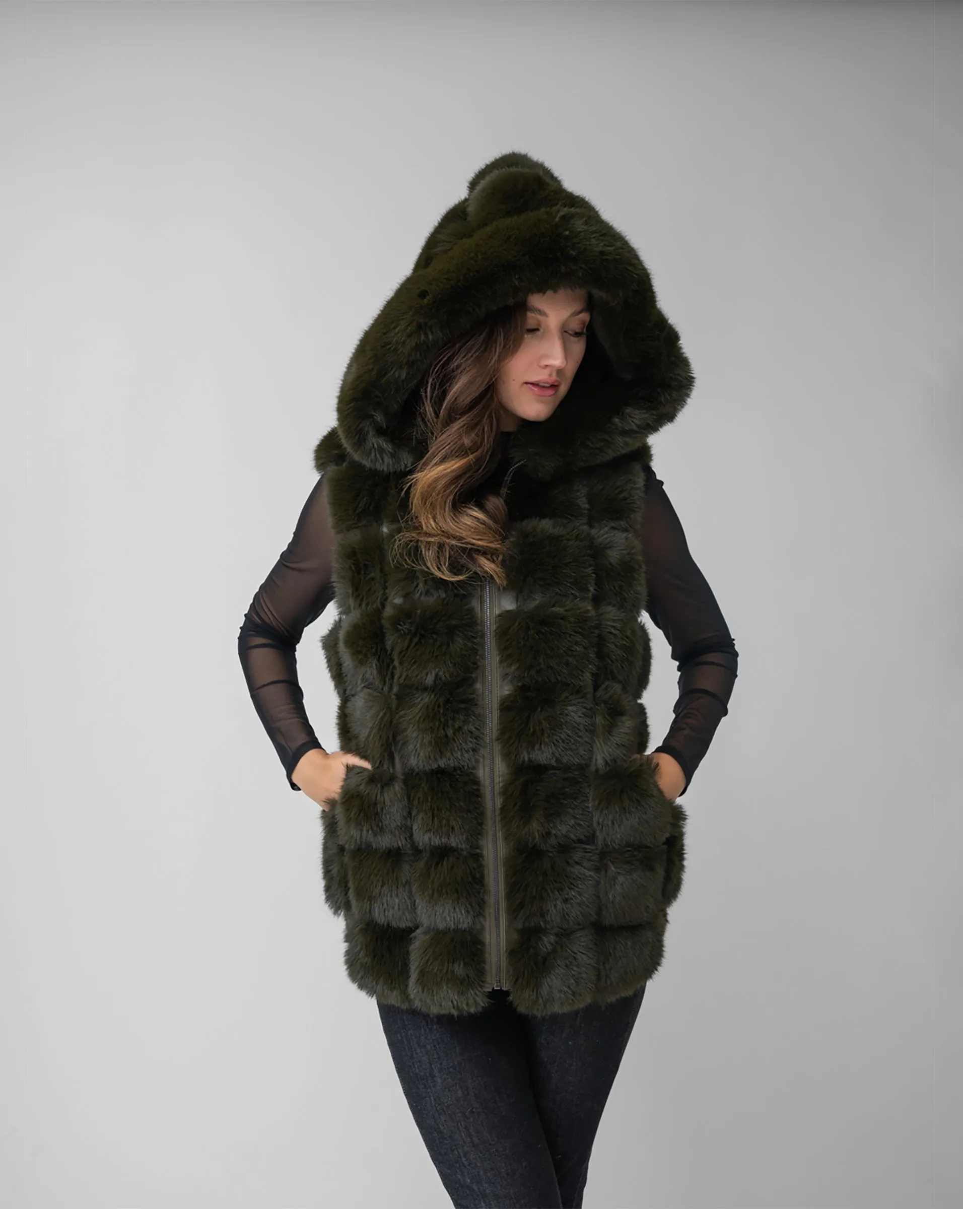 Faux Fur & Faux Leather Hooded Vest