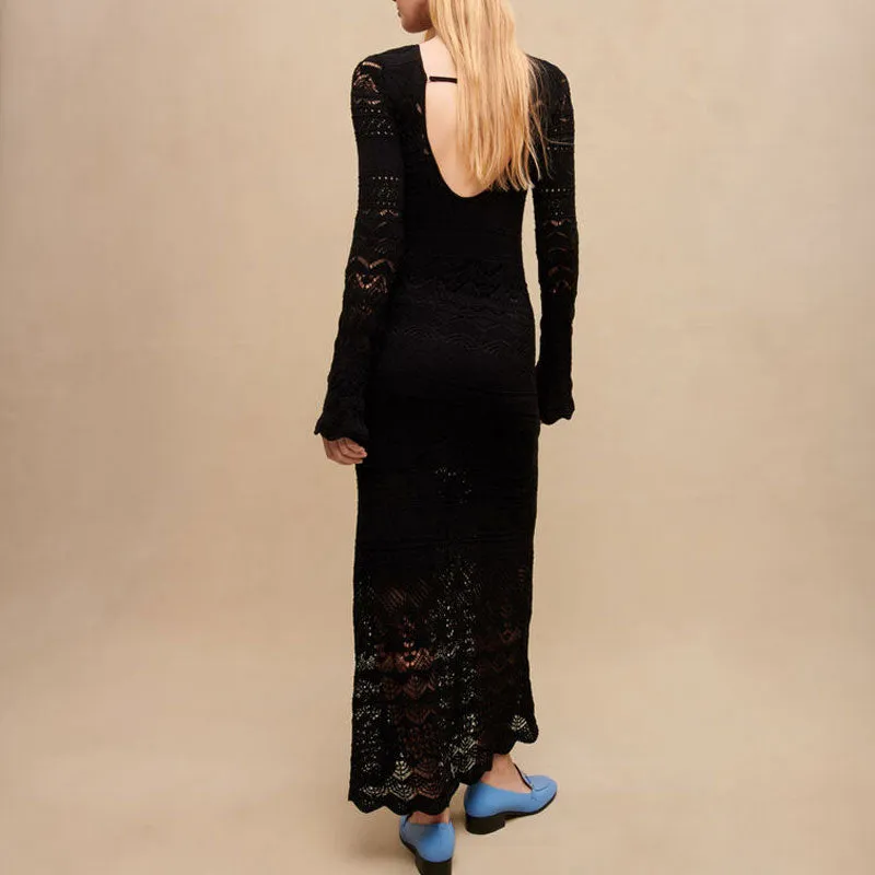 Feminine Scalloped Trim Open Back Bell Sleeve Black Pointelle Knit Maxi Dress