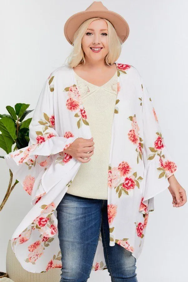 Floral Print Ruffle Detailed Draped Longline Maxi Kimono Cardigan