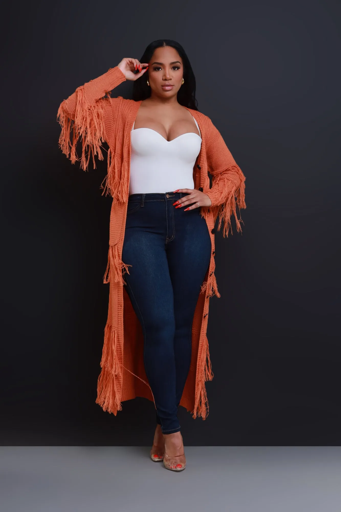 Get Well Longline Fringe Cardigan - Rust