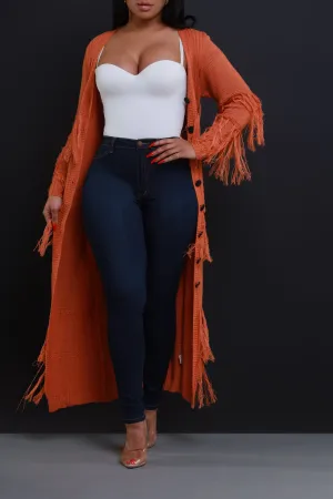 Get Well Longline Fringe Cardigan - Rust