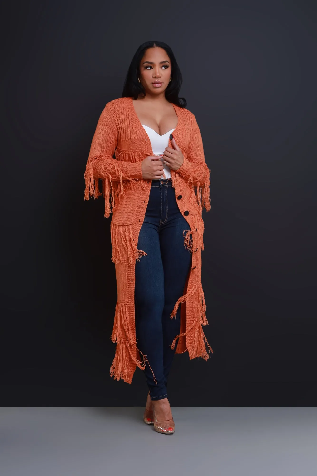 Get Well Longline Fringe Cardigan - Rust