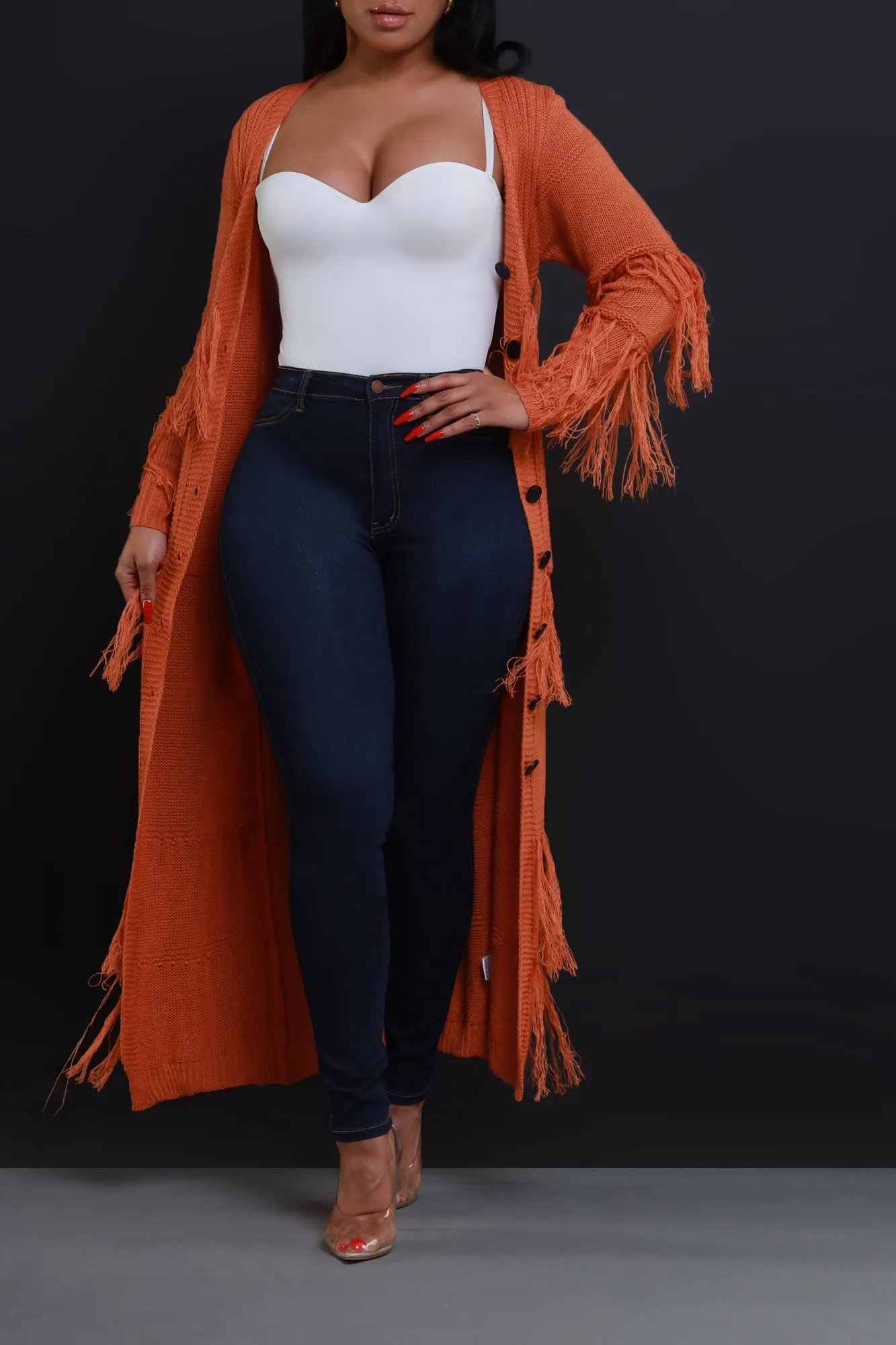 Get Well Longline Fringe Cardigan - Rust