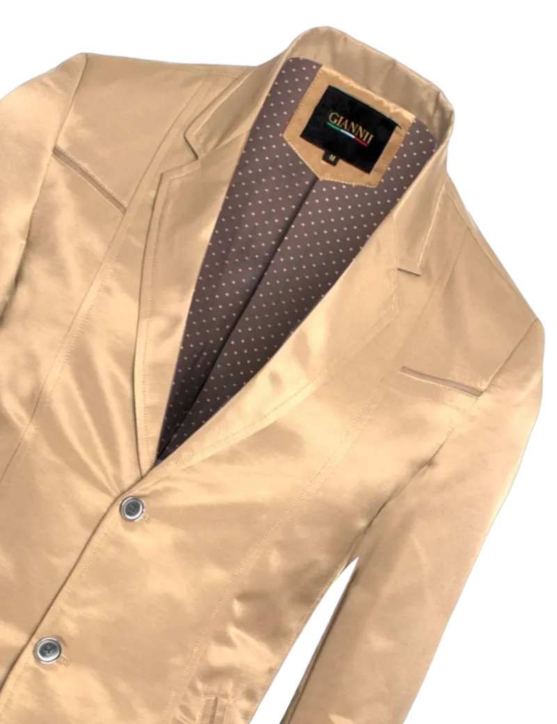 Giannii Men's Gold Shiny Satin Blazer Single Breast Slim-Fit