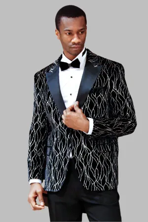 Gold Patterned Over Black Velvet Men Evening Tuxedo Blazer - Wessi