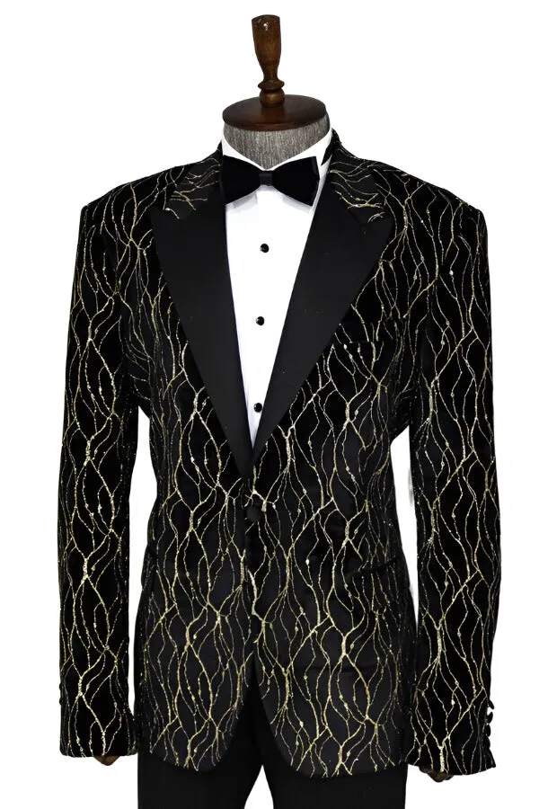 Gold Patterned Over Black Velvet Men Evening Tuxedo Blazer - Wessi