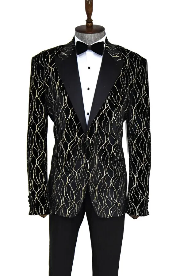 Gold Patterned Over Black Velvet Men Evening Tuxedo Blazer - Wessi