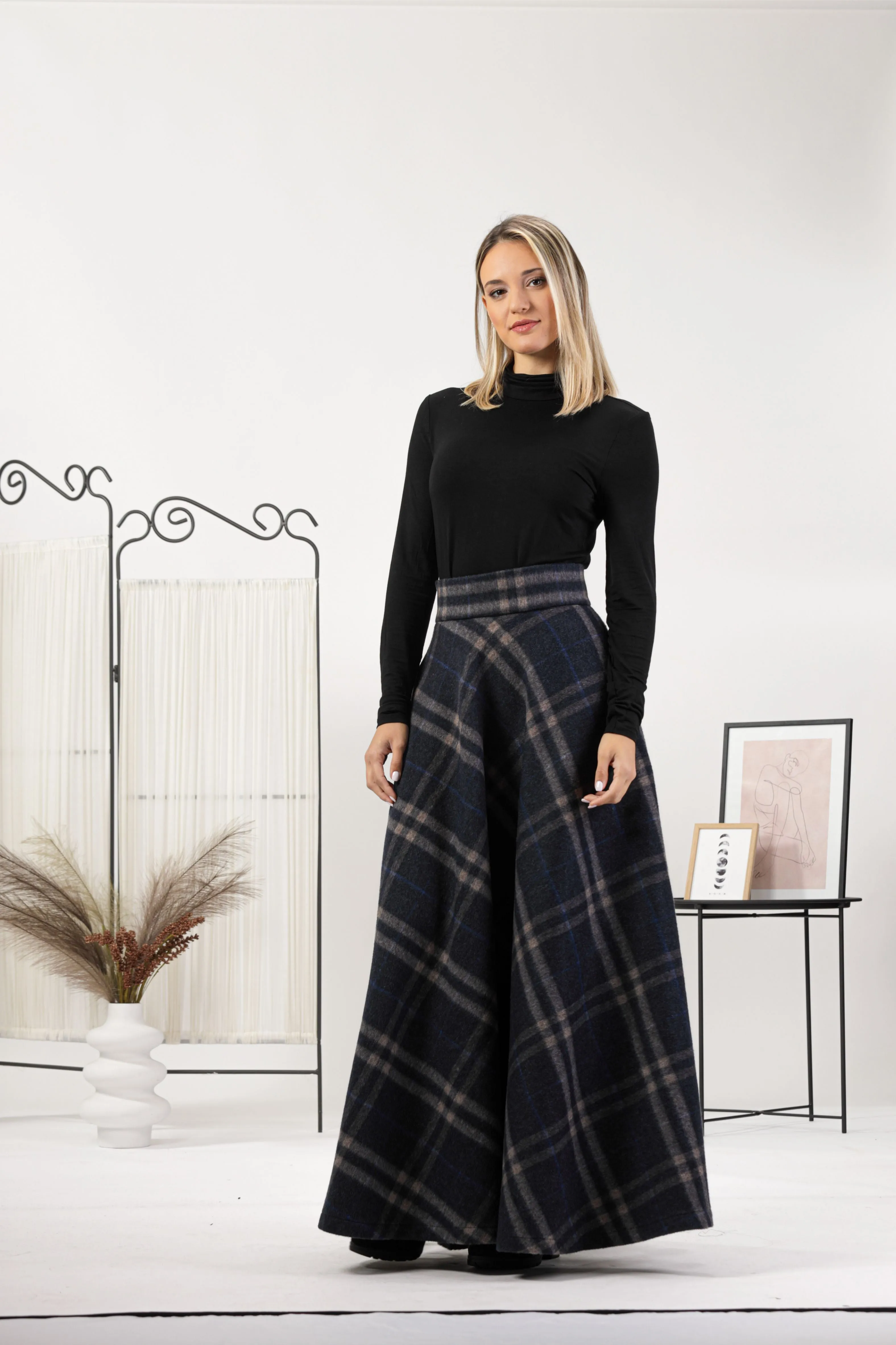 Gray Plaid High Waisted Wool Maxi Skirt