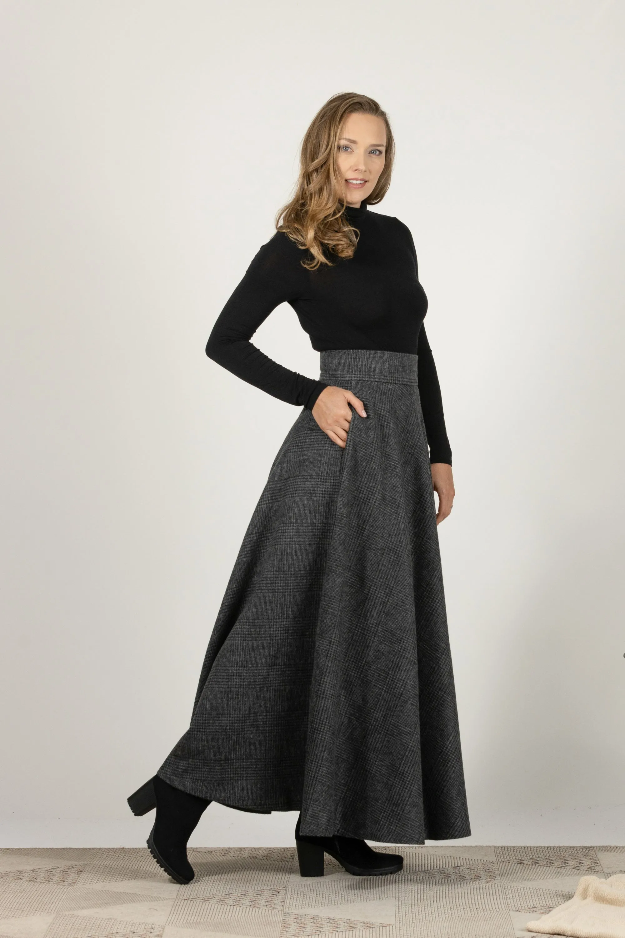 Gray Plaid High Waisted Wool Maxi Skirt