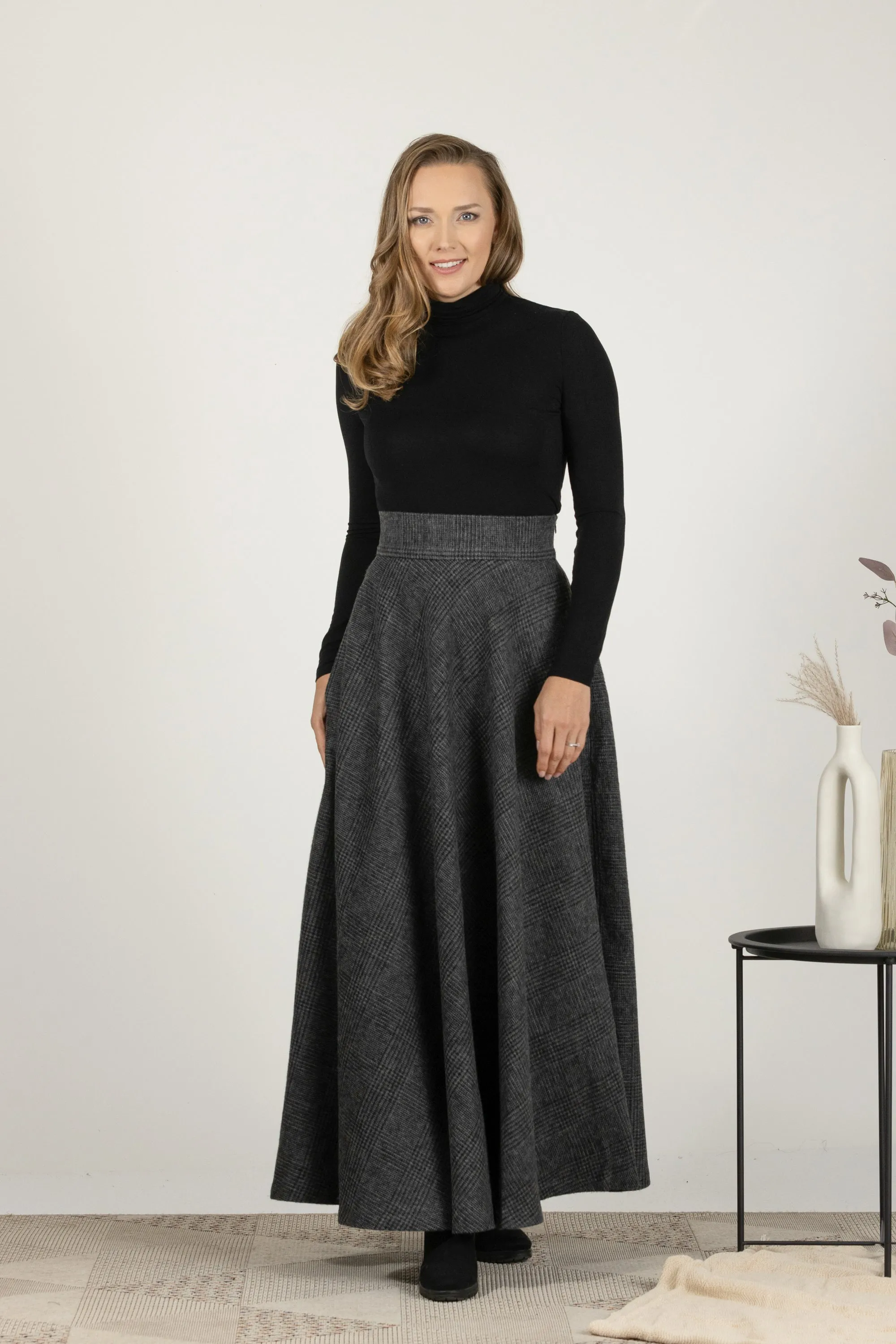 Gray Plaid High Waisted Wool Maxi Skirt