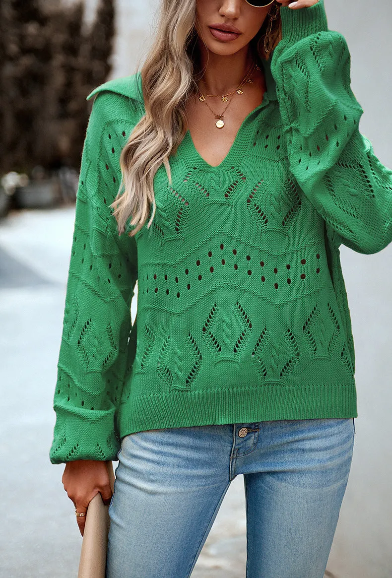 Green V-neck Knitted Sweater Top