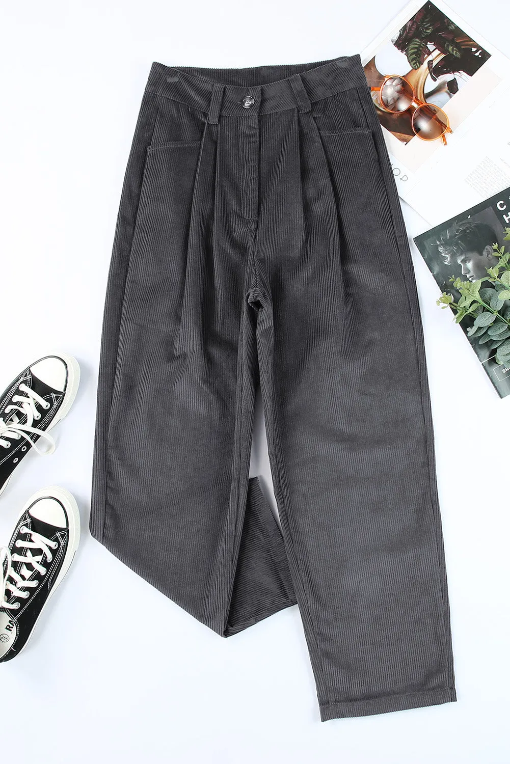 Grey Corduroy High Waisted Wide Leg Pants