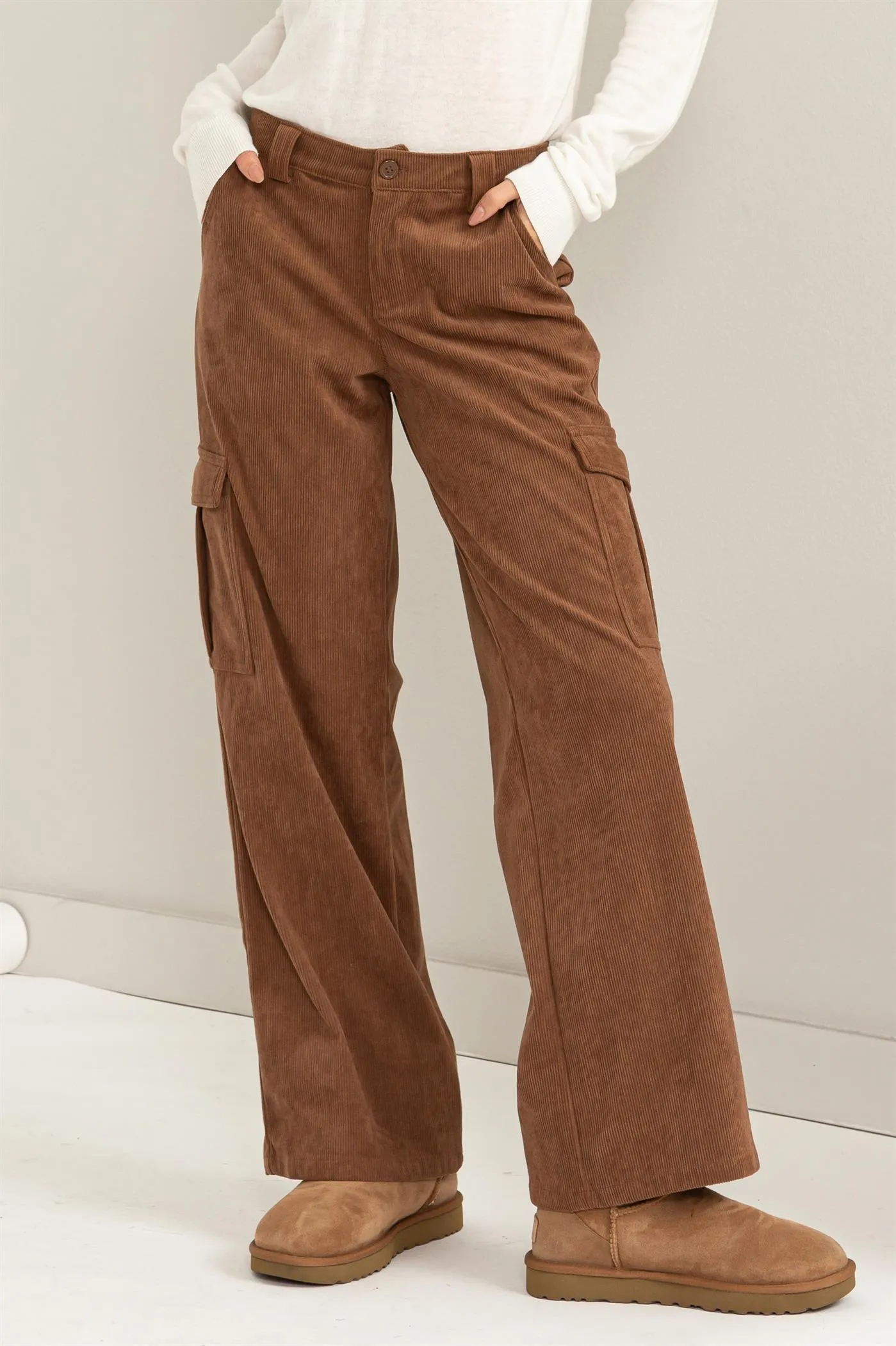 HF23F455-CORDUROY WIDE LEG CARGO PANTS