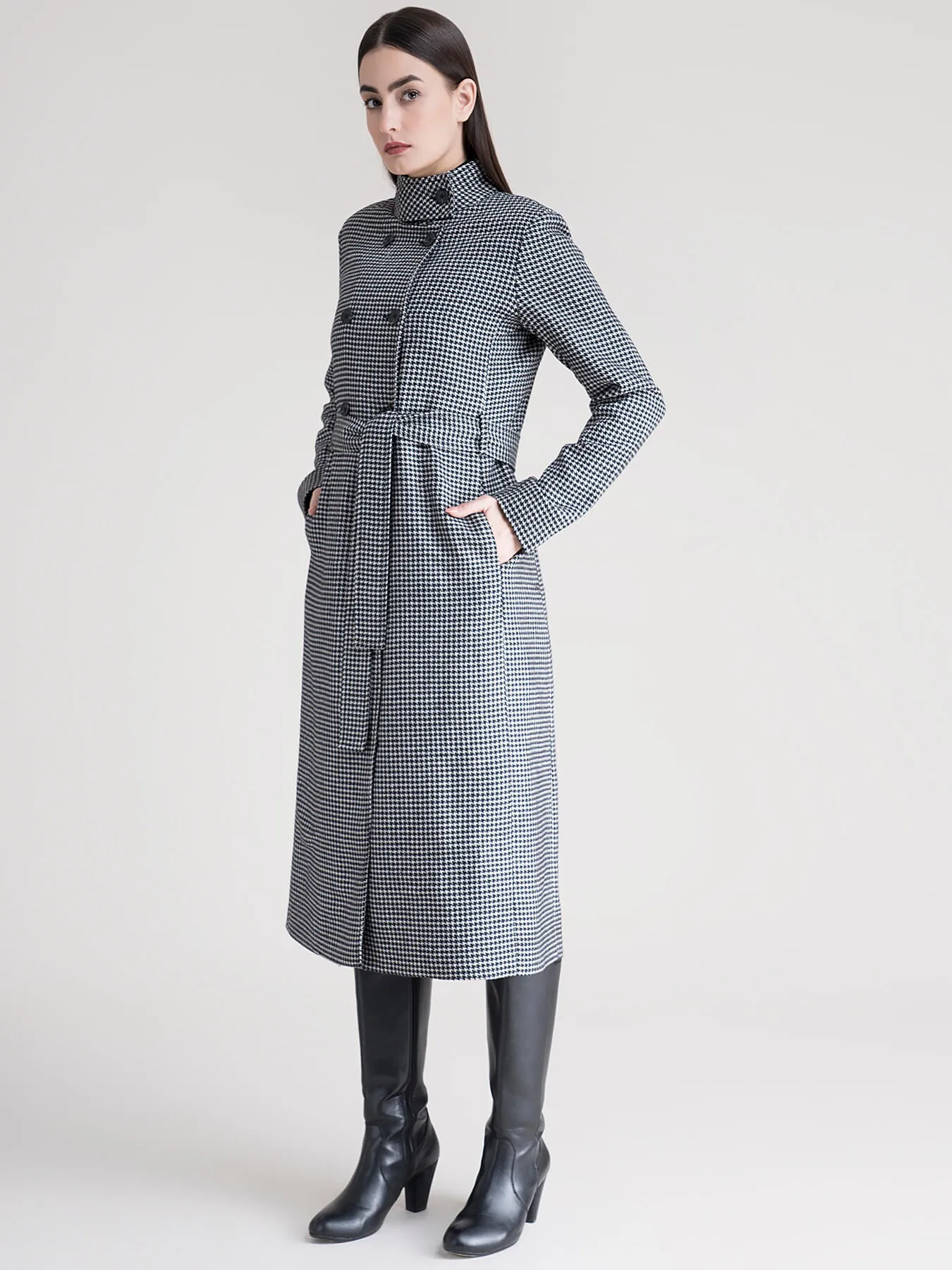 High Neck Wool Blend Overcoat - Black And White